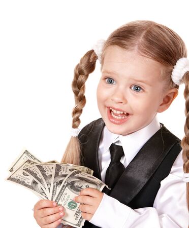 Happy little girl with money dollar. Isolated.の写真素材