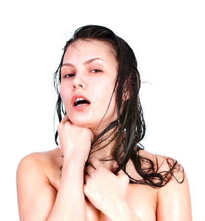 Wet happy  beatiful girl. Body care. Isolated.の写真素材