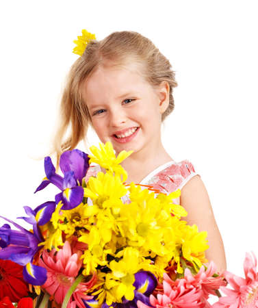 Happy little girl holding bunch of flowers.の写真素材