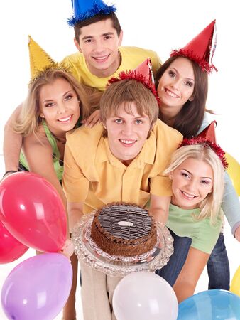 Group people holding cake. Isolated.の写真素材