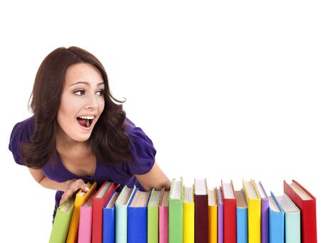 Girl with stack color book . Isolated.の写真素材