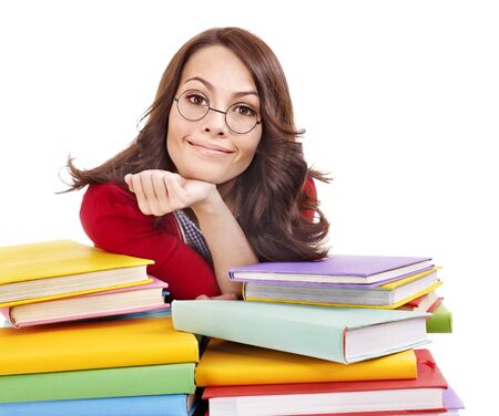Girl in glasses with stack book . Isolated.の写真素材