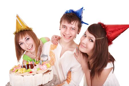 Group of happy young people with cake. Isolated.の写真素材