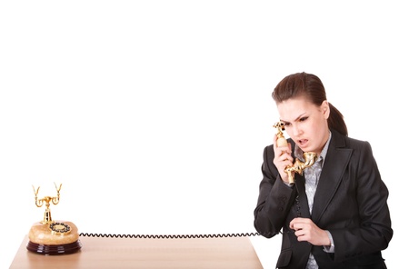 Happy businesswoman  call by phone   phone. Isolated.の写真素材