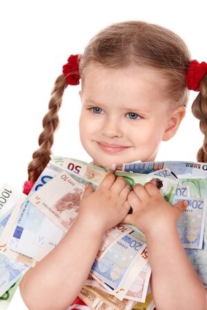 Happy little girl with money euro. Isolated.の写真素材
