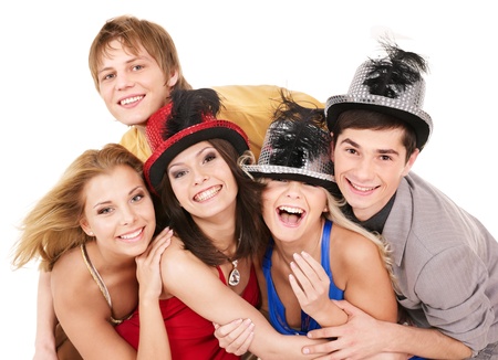 Group young people in party hat. Isolatedの写真素材