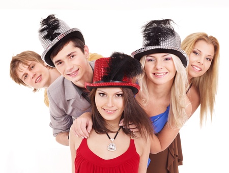 Group young people in party hat. Isolatedの写真素材