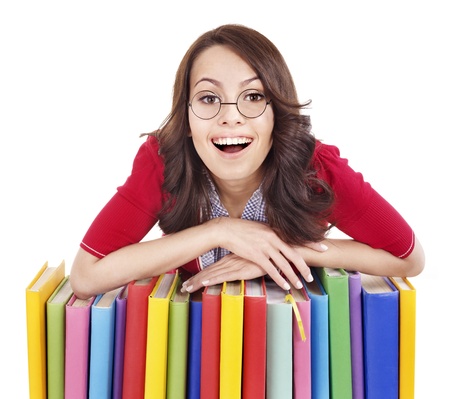 Girl in glasses with stack book . Isolated.の写真素材