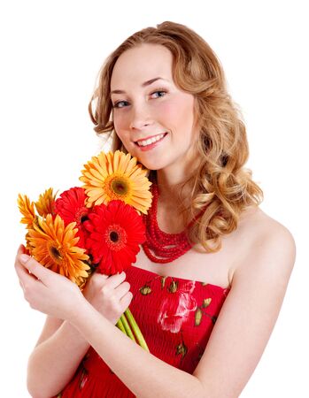 Happy young woman holding bunch of flowers.の写真素材