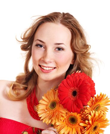 Happy young woman holding bunch of flowers.の写真素材