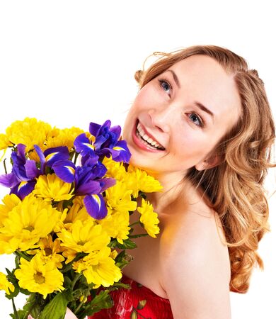 Young woman holding  flowers. Isolated.の写真素材