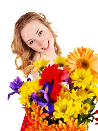 Beautiful  young woman holding  flowers.の写真素材