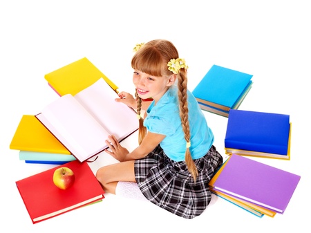 Child with pile of books  reading on floor. Isolated.の写真素材