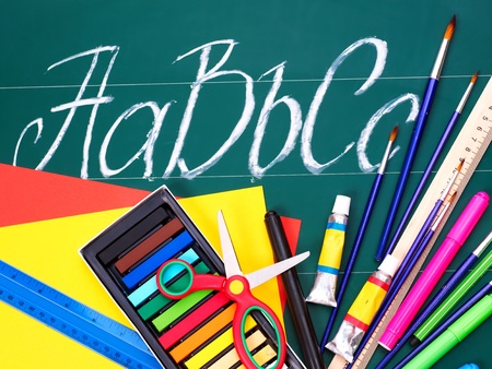 Art  school supplies and alphabet.の写真素材
