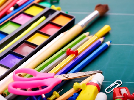 Background of group school supplies.の写真素材