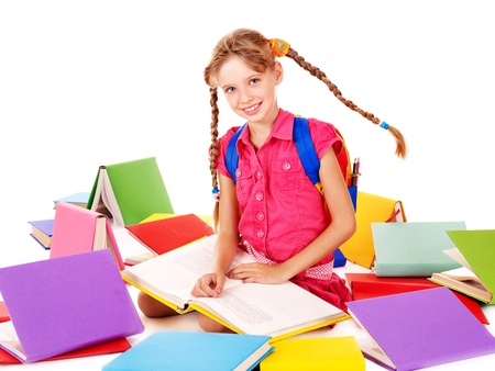 Little girl holding pile of books on head.の写真素材