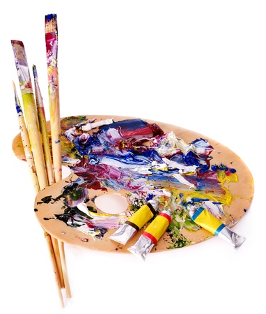 Close up of oil paint mixed on  palette.の写真素材