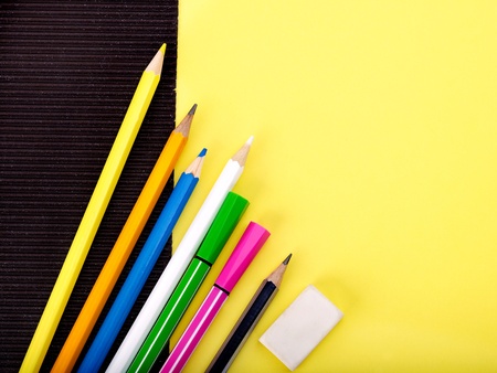 Close up of group art school supplies.の写真素材