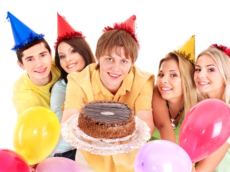 Group people in party hat holding cake. Isolated.の写真素材