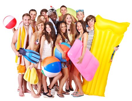 Group people holding beach accessories. Isolated.の写真素材