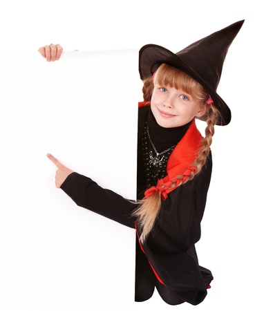 Child  witch holding banner pointing. Isolated.の写真素材
