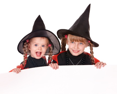 Little girl  witch holding banner . Isolated.の写真素材