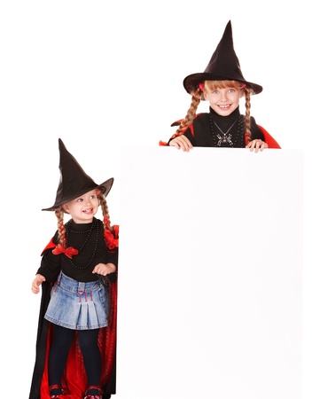 Little girl  witch holding banner . Isolated.の写真素材