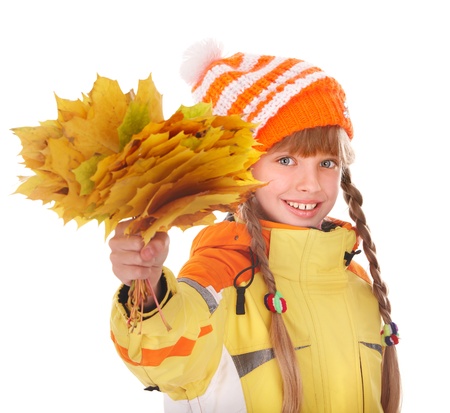 Girl in autumn orange hat holding leaves. Isolated.の写真素材