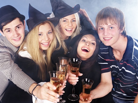 Group young people drinking champagne at nightclub.の写真素材