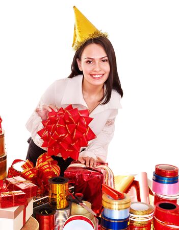 Girl with group of color gift box. Isolated.の写真素材