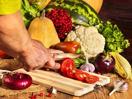 Preparing fresh vegetable on wooden boards.の写真素材