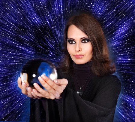 Girl with fortune telling ball against  star sky.Illustration.の写真素材
