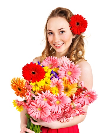 Happy young woman giving red flowers.の写真素材