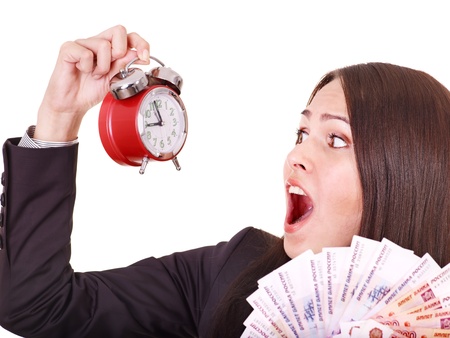Woman with  money and alarm. Russian rouble. Isolated.の写真素材