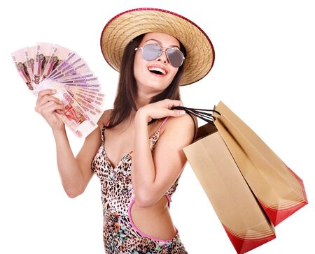 Woman with  money and shopping bag. Isolated.の写真素材