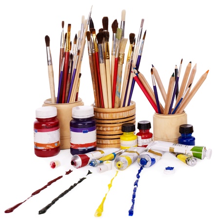 Close up of group art  supplies.の写真素材