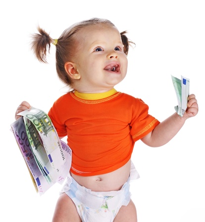 Child with euro money. Business concept.How much it costs to have a baby?の写真素材