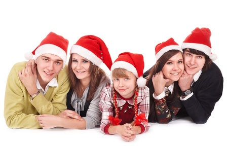 Happy family with child in santa hat.  Isolated.の写真素材