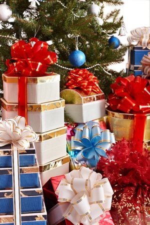 Christmas tree and group gift box. Isolated.の写真素材