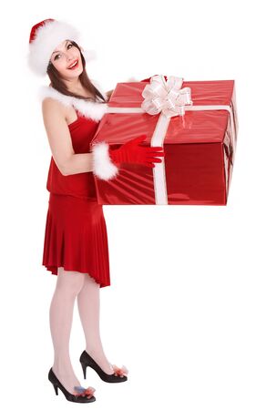 Christmas girl in santa hat with big gift box. Isolated.の写真素材