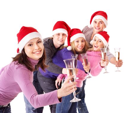 Group young people in santa hat drinking champagne.の写真素材