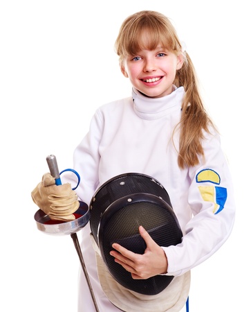 Child in fencing costume holding epee . Isolated.の写真素材