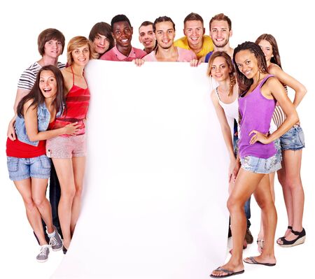 Group people holding banner. Isolated.の写真素材