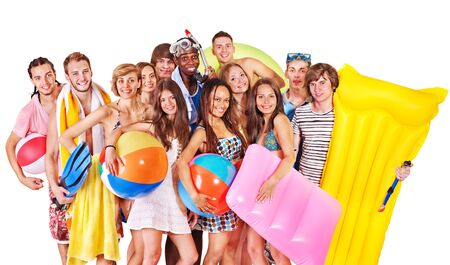 Group people holding beach accessories. Isolated.の写真素材