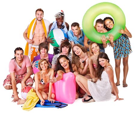 Group people holding beach accessories. Isolated.の写真素材