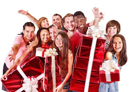 Group people in santa hat with gift box. Isolated.の写真素材