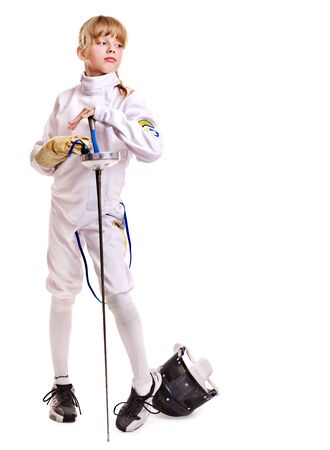 Child in fencing costume holding epee . Isolated.の写真素材