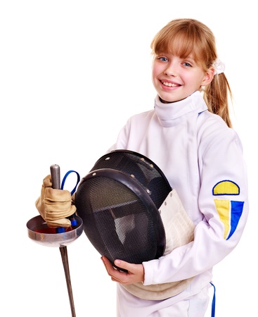 Child in fencing costume holding epee . Isolated.の写真素材