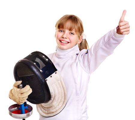 Child in fencing costume holding epee thumb up. Isolated.の写真素材