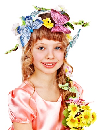 Beautiful girl with butterfly and  flower. Isolated.の写真素材